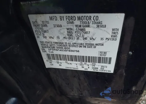 2005 Ford F-150 Fx4/Lariat/Xlt from USA, damaged, VIN 1FTPW14535FB56756